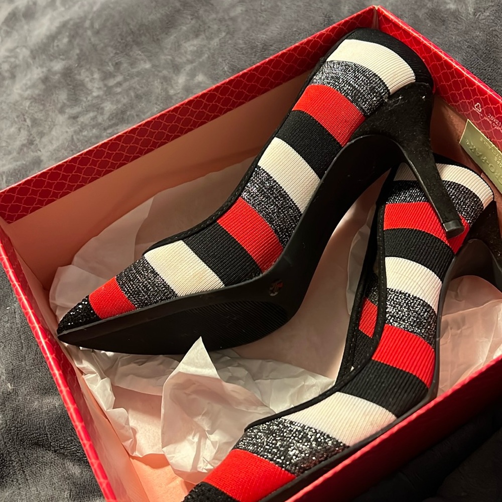 Red black and white heels